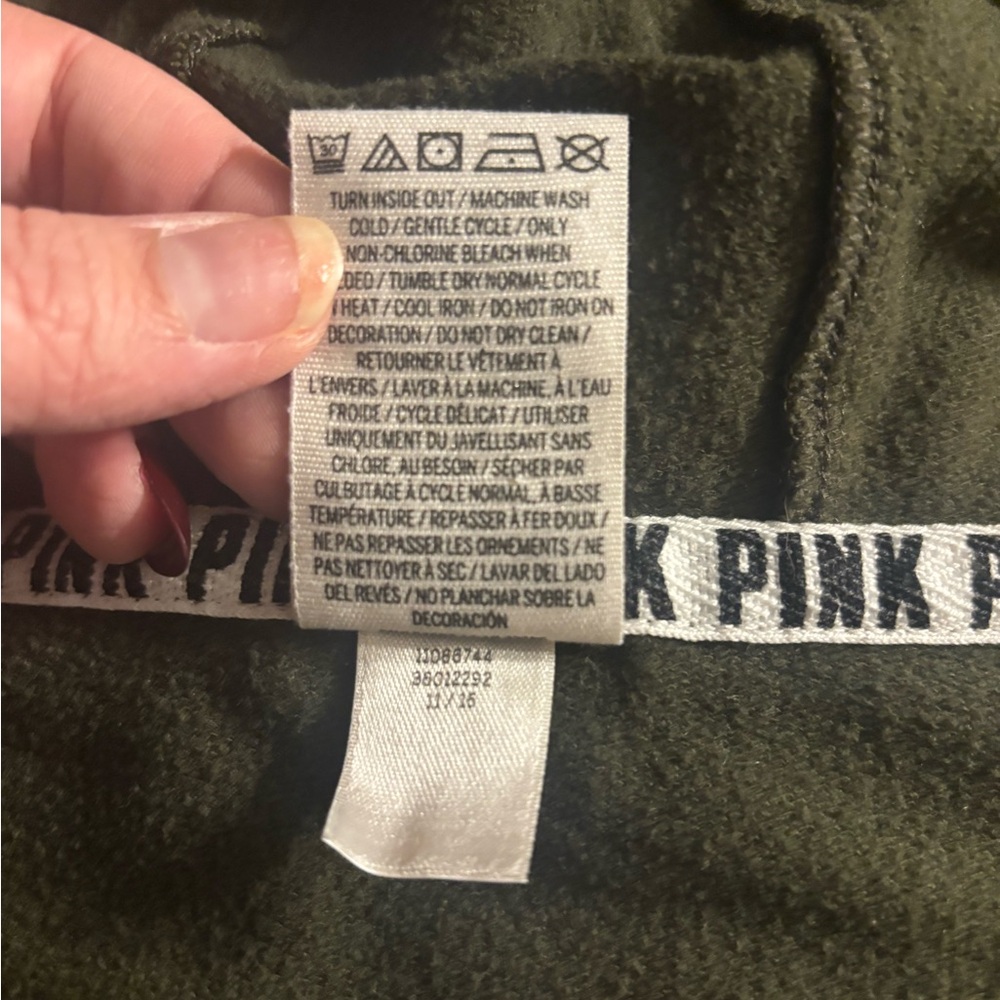 PINK Victoria's Secret Ultimate Zip Up Hoodie Olive Green Varsity Stripe L - Picture 3 of 8